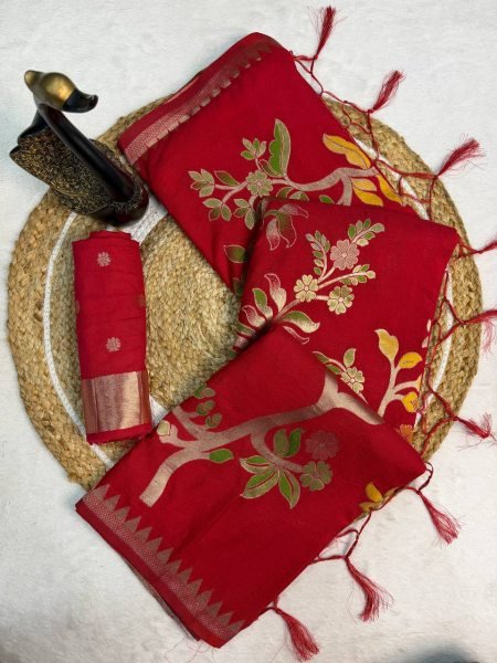 Charming Red Hand Dyed Silk Saree with Weaving Pattern for Ethnic Wear Silk Sarees Wholesale