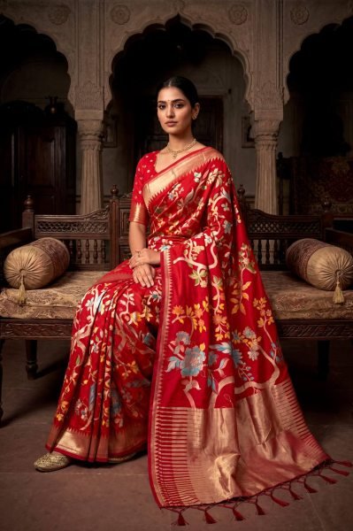 Charming Red Hand Dyed Silk Saree with Weaving Pattern for Ethnic Wear Silk Sarees Wholesale