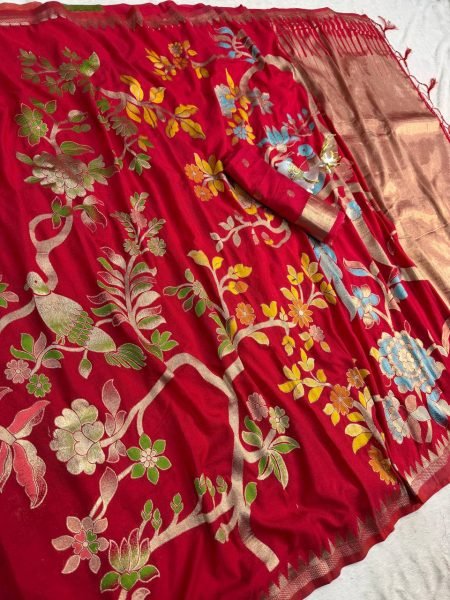 Charming Red Hand Dyed Silk Saree with Weaving Pattern for Ethnic Wear Silk Sarees Wholesale