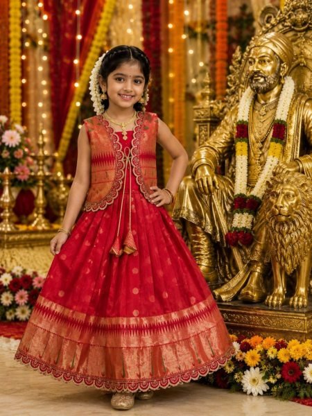 Charming Red Paithani Silk Flared Gown with Traditional Golden Border for Girls Kurtis