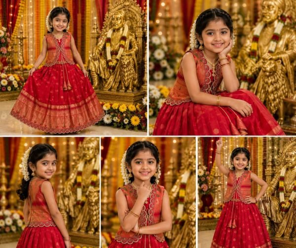 Charming Red Paithani Silk Flared Gown with Traditional Golden Border for Girls Girls Wear