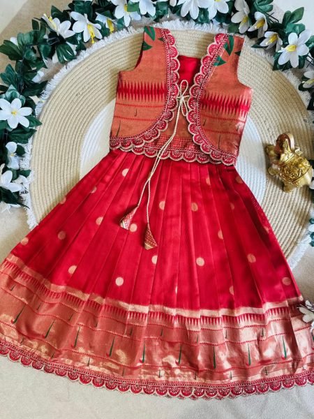 Charming Red Paithani Silk Flared Gown with Traditional Golden Border for Girls Girls Wear