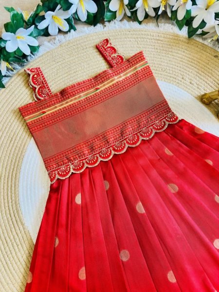 Charming Red Paithani Silk Flared Gown with Traditional Golden Border for Girls Girls Wear