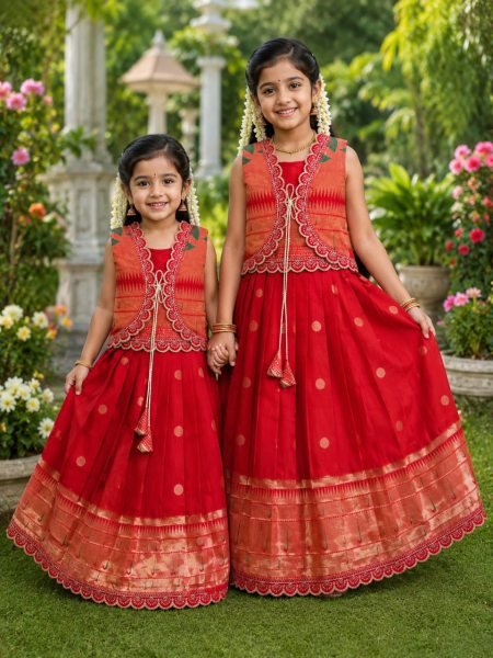 Charming Red Paithani Silk Flared Gown with Traditional Golden Border for Girls Girls Wear
