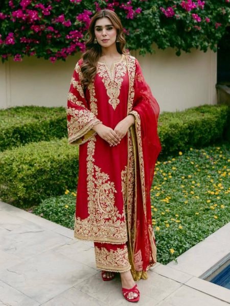 Charming Red Party Wear Faux Georgette Kurti Plazzo Set with Sequin Zari Work Ready To Wear Suit
