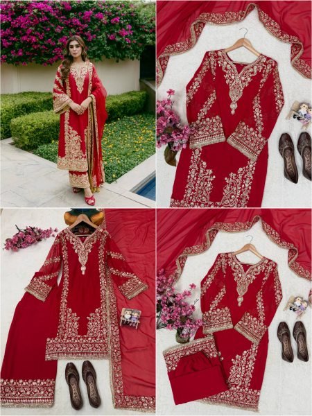 Charming Red Party Wear Faux Georgette Kurti Plazzo Set with Sequin Zari Work Ready To Wear Collection