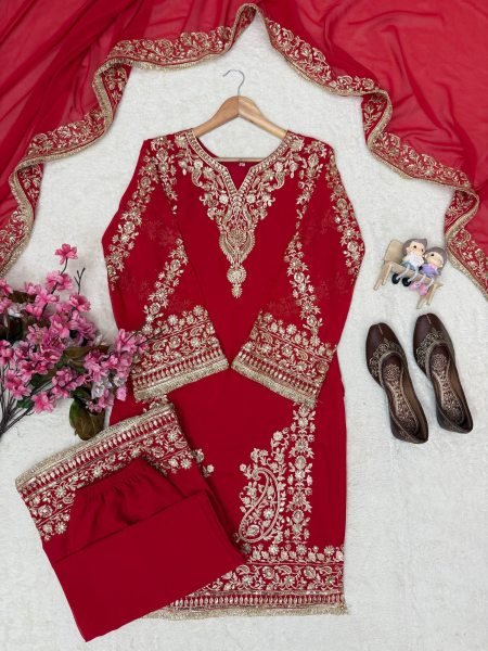 Charming Red Party Wear Faux Georgette Kurti Plazzo Set with Sequin Zari Work Ready To Wear Collection