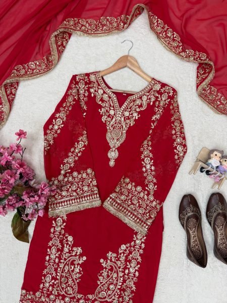 Charming Red Party Wear Faux Georgette Kurti Plazzo Set with Sequin Zari Work Ready To Wear Collection