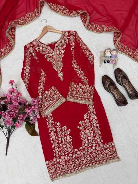Charming Red Party Wear Faux Georgette Kurti Plazzo Set with Sequin Zari Work Ready To Wear Collection