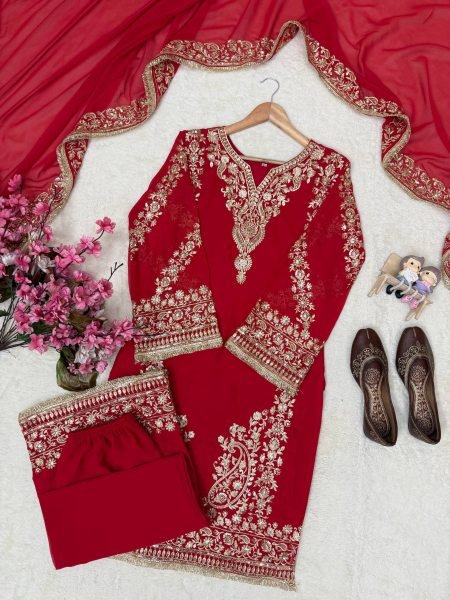 Charming Red Party Wear Faux Georgette Kurti Plazzo Set with Sequin Zari Work Ready To Wear Collection