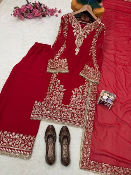 Charming Red Party Wear Faux Georgette Kurti Plazzo Set with Sequin Zari Work Ready To Wear Collection
