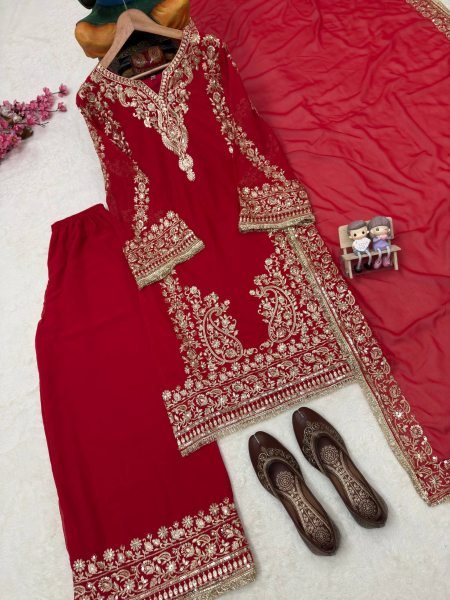 Charming Red Party Wear Faux Georgette Kurti Plazzo Set with Sequin Zari Work Ready To Wear Collection