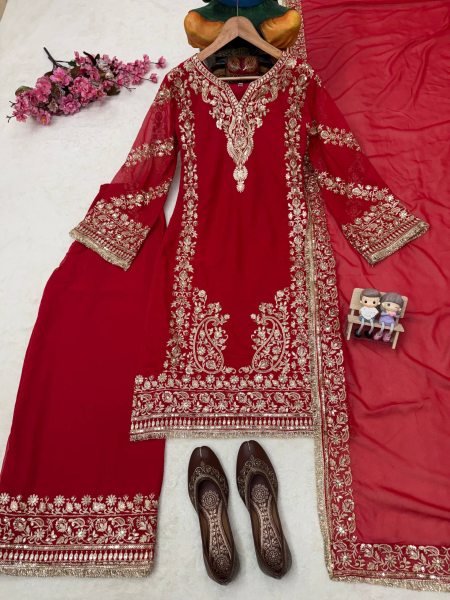 Charming Red Party Wear Faux Georgette Kurti Plazzo Set with Sequin Zari Work Ready To Wear Collection