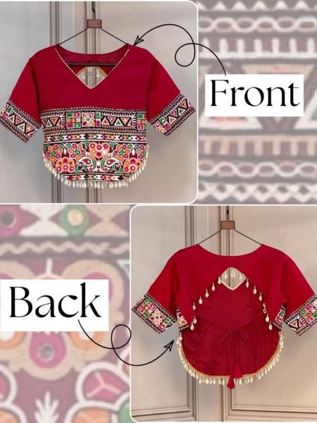 Charming Red Roman Blouse with Kutchi Gamthi Embroidery and Codi Lace Work