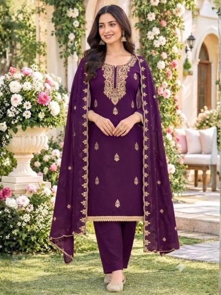 Charming Royal Purple Georgette Multi Work Suit with Matching Embroidered Dupatta 