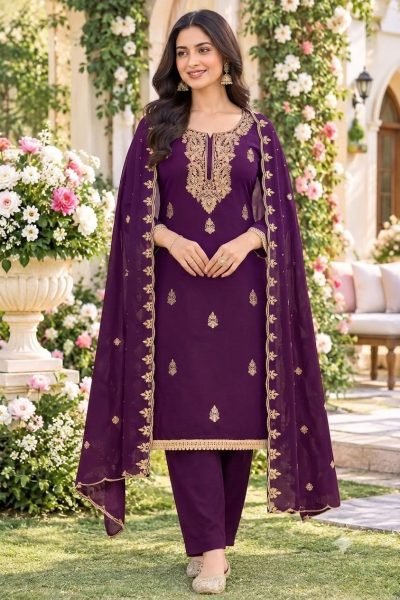 Charming Royal Purple Georgette Multi Work Suit with Matching Embroidered Dupatta Color Set Matching Dress Material Wholesale