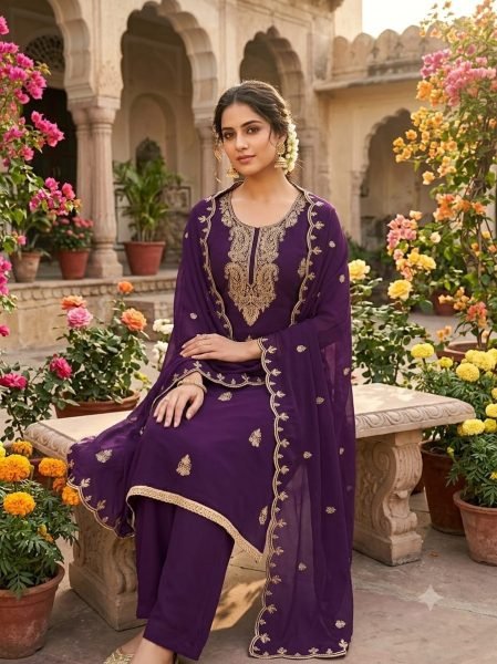Charming Royal Purple Georgette Multi Work Suit with Matching Embroidered Dupatta Color Set Matching Dress Material Wholesale
