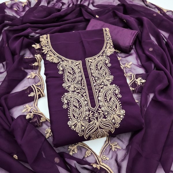 Charming Royal Purple Georgette Multi Work Suit with Matching Embroidered Dupatta Color Set Matching Dress Material Wholesale