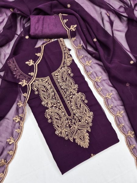 Charming Royal Purple Georgette Multi Work Suit with Matching Embroidered Dupatta Color Set Matching Dress Material Wholesale