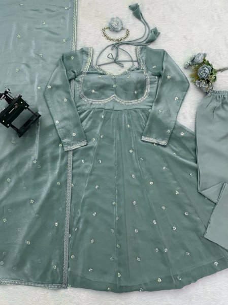 Sky Blue Fendy Silk Kurti Set with Sequence Embroidery   Lace Dupatta Festive Ready Outfit Georgette Kurti 