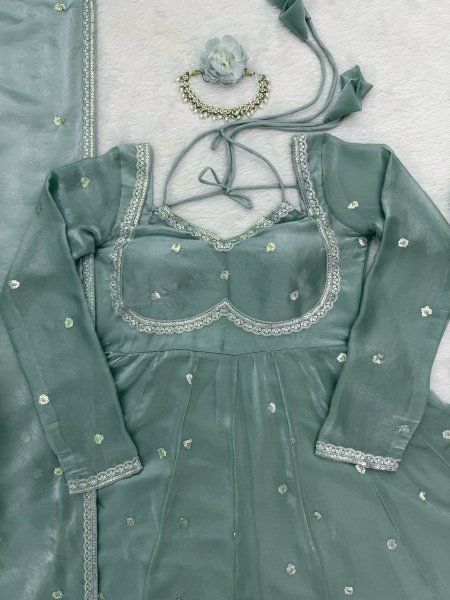 Sky Blue Fendy Silk Kurti Set with Sequence Embroidery   Lace Dupatta Festive Ready Outfit Georgette Kurti 