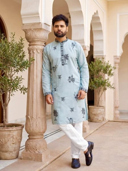 Charming Sky Blue Men   s Roman Silk Embroidered Kurta Pyjama Set 