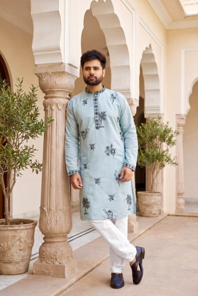 Charming Sky Blue Men   s Roman Silk Embroidered Kurta Pyjama Set Kurta Pajama Wholesale