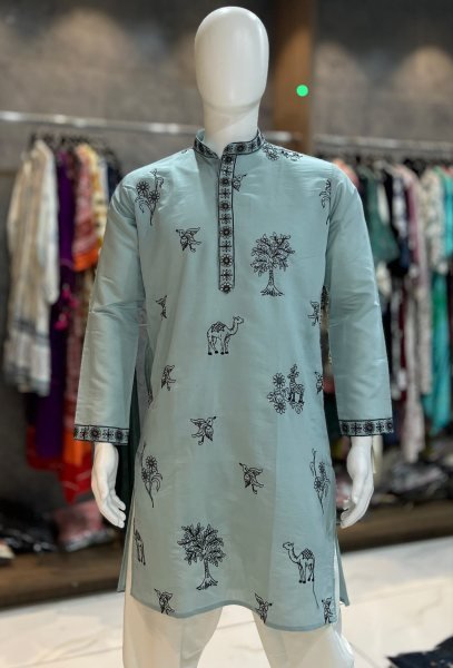 Charming Sky Blue Men   s Roman Silk Embroidered Kurta Pyjama Set Kurta Pajama Wholesale