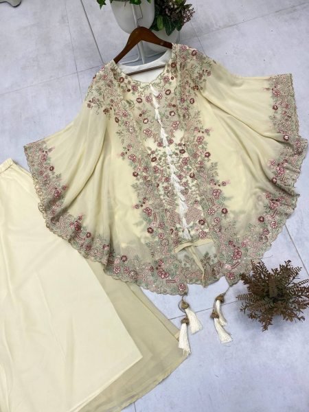 Charming White Georgette Kurta Plazzo Pair with Shrug Perfect for Celebrations Ready To Wear Collection