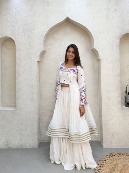 Charming White Rayon Lehenga Choli with Embroidered Gotta Patti Blouse Navratri Lehnega Choli