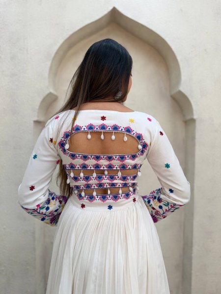 Charming White Rayon Lehenga Choli with Embroidered Gotta Patti Blouse Navratri Lehnega Choli