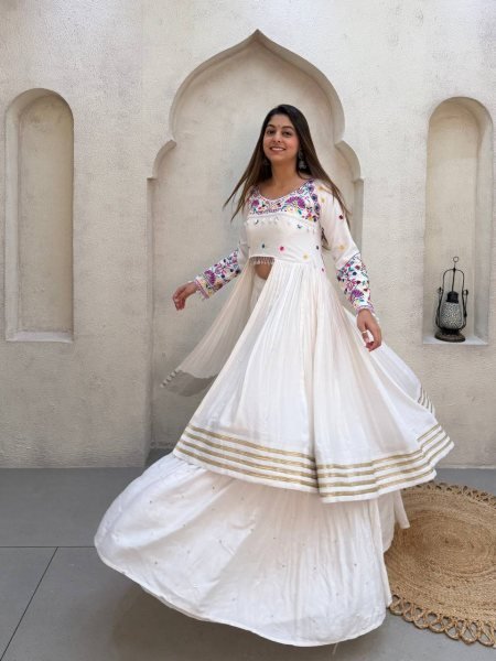 Charming White Rayon Lehenga Choli with Embroidered Gotta Patti Blouse Navratri Lehnega Choli