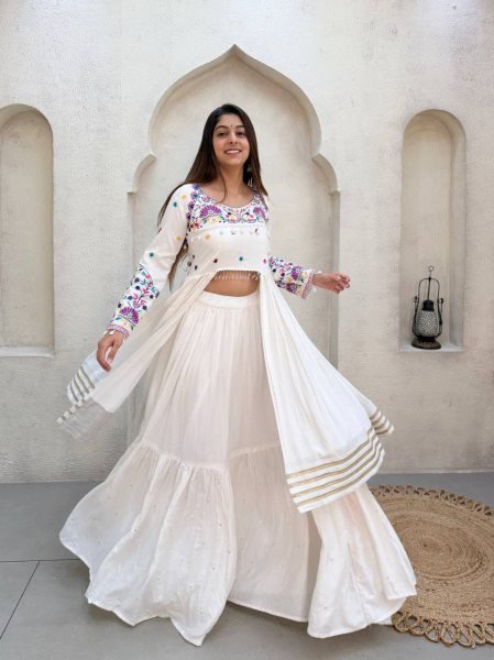 Charming White Rayon Lehenga Choli with Embroidered Gotta Patti Blouse Navratri Lehnega Choli