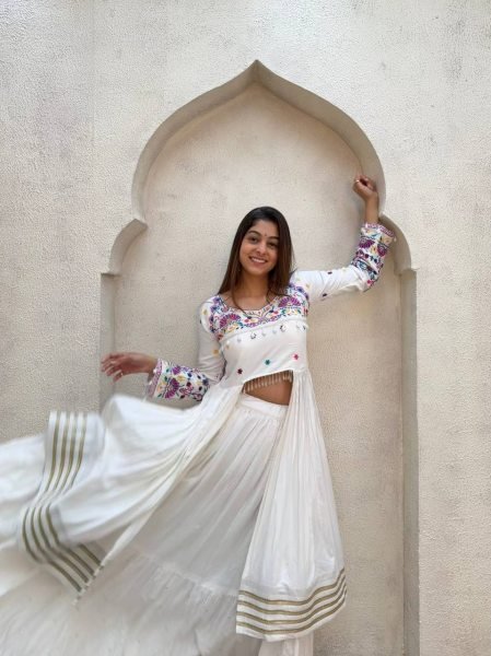 Charming White Rayon Lehenga Choli with Embroidered Gotta Patti Blouse Navratri Lehnega Choli