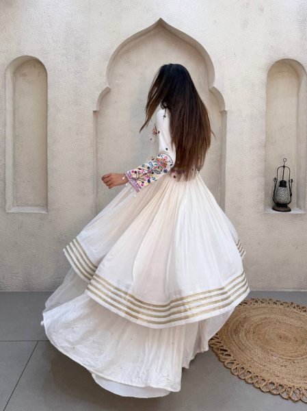 Charming White Rayon Lehenga Choli with Embroidered Gotta Patti Blouse Navratri Lehnega Choli