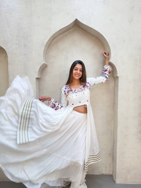Charming White Rayon Lehenga Choli with Embroidered Gotta Patti Blouse Navratri Lehnega Choli