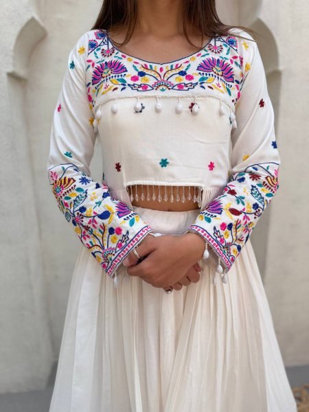 Charming White Rayon Lehenga Choli with Embroidered Gotta Patti Blouse Navratri Lehnega Choli