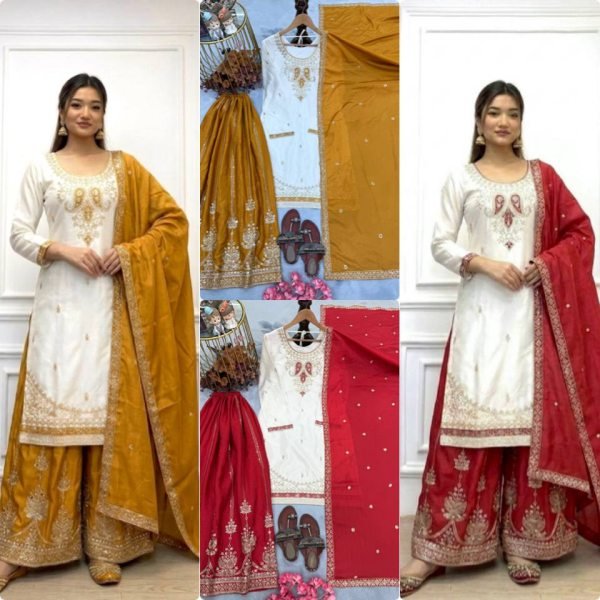 Charming White Yellow Pure Chinon Silk Palazzo Suit with Real Mirror Hand Work Ready To Wear Collection
