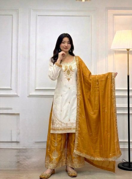 Charming White Yellow Pure Chinon Silk Palazzo Suit with Real Mirror Hand Work Ready To Wear Collection