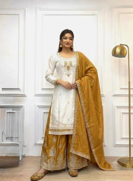 Charming White Yellow Pure Chinon Silk Palazzo Suit with Real Mirror Hand Work Ready To Wear Collection