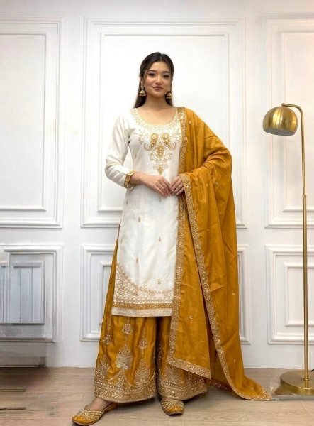Charming White Yellow Pure Chinon Silk Palazzo Suit with Real Mirror Hand Work Ready To Wear Collection