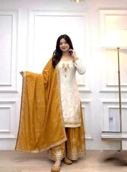 Charming White Yellow Pure Chinon Silk Palazzo Suit with Real Mirror Hand Work Ready To Wear Collection