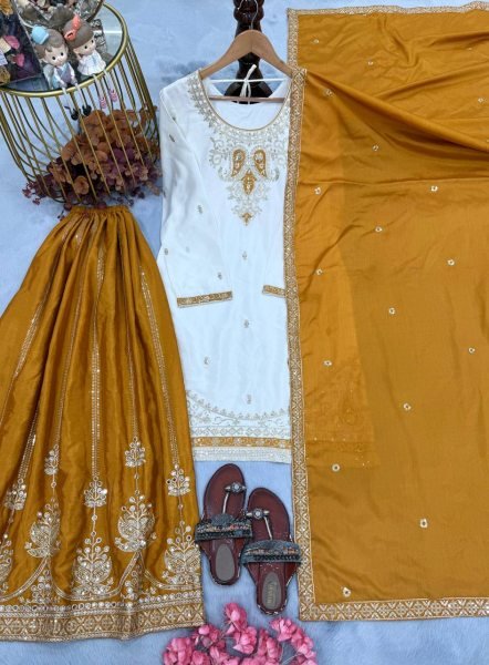 Charming White Yellow Pure Chinon Silk Palazzo Suit with Real Mirror Hand Work Ready To Wear Collection