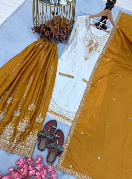 Charming White Yellow Pure Chinon Silk Palazzo Suit with Real Mirror Hand Work Ready To Wear Collection