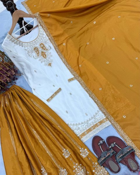 Charming White Yellow Pure Chinon Silk Palazzo Suit with Real Mirror Hand Work Ready To Wear Collection