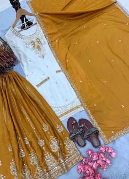 Charming White Yellow Pure Chinon Silk Palazzo Suit with Real Mirror Hand Work Ready To Wear Collection