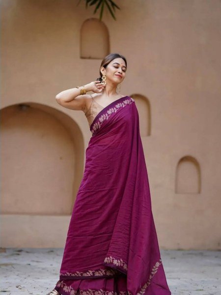Charming Wine Cotton Saree Collection for Traditional and Modern Ethnic Wear Cotton Sarees Wholesale
