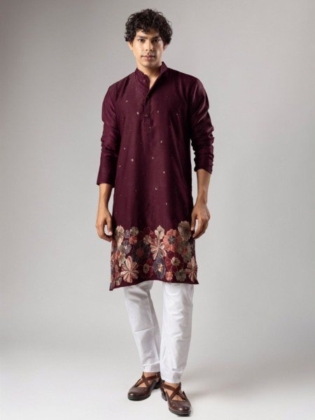 Charming Wine Kurta with Stylish Woven Pattern and Cotton Bottom For Party Mens Wear