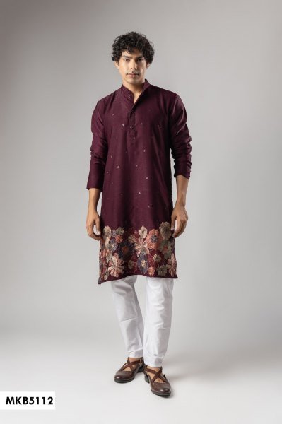 Charming Wine Kurta with Stylish Woven Pattern and Cotton Bottom For Party Kurta Pajama Wholesale