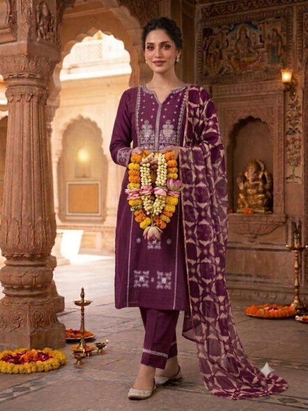 Charming Wine Slub Cotton Embroidered Kurti Pant Set with Printed Cotton Dupatta 